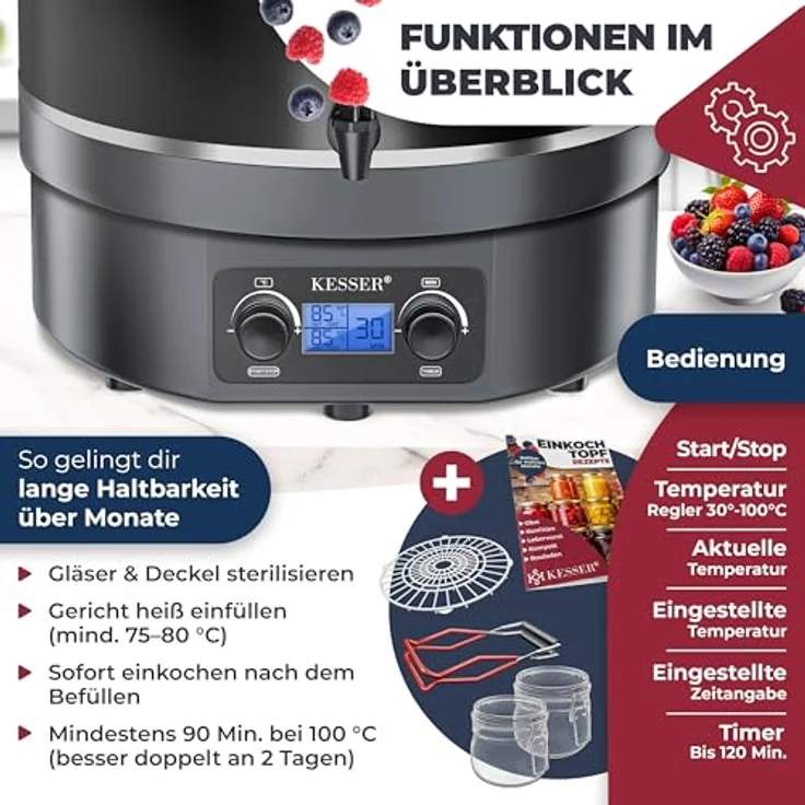 KESSER Einkochautomat 27 Liter, Glühweinkocher mit Timer, 2000 Watt, Temperatur von 30-100°C, Digitaldisplay, inklusive 2 Gläser & Zange – Bild 3