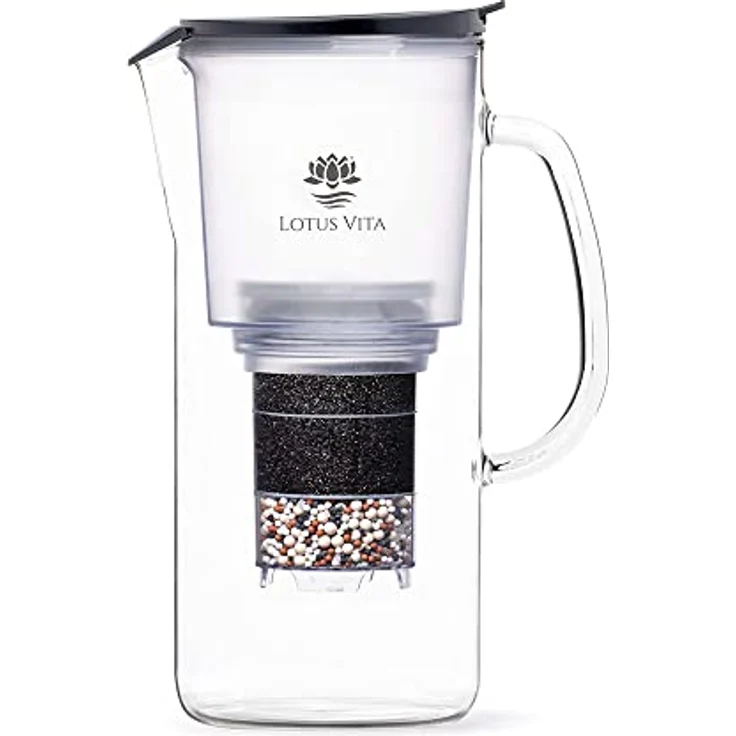 Lotus Vita Glas-Filterkanne Natura Plus - Wasser Karaffe mit Kartusche, Reduziert Kalk Chlor Blei aus Leitungswasser durch Aktivkohle Ionentauscher, BPA-frei, Glas durchsichtig und Anthrazit Deckel – Bild 1