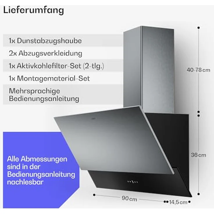 Klarstein Verosteel Dunstabzugshaube 90 cm – Kopffrei, 624 m³/h, A++, Touch-Bedienung, LED, Edelstahl & Glas, leise – Bild 8