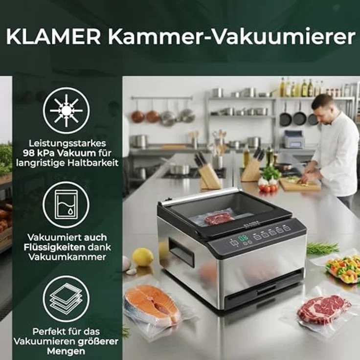 KLAMER Kammervakuumierer Edelstahl, 98 kPa Profi Vakuumiergerät mit Marinier-Funktion, Glasdeckel, einstellbarer Vakuum- und Schweißzeit, ideal für Sous Vide und feuchte Lebensmittel – Bild 2