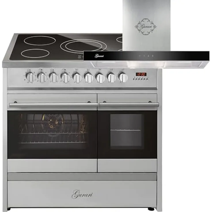 GURARI Elektro-Standherd GCH E 912 DF X+GCH F 462 IS 9 Prime, 90 cm, Doppelbackofen, 8 Betriebsfunktionen, mit Dunstabzugshaube und 1-fach-Teleskopauszug