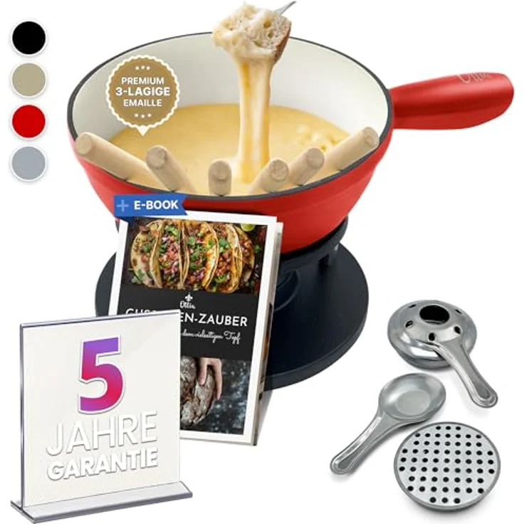 Ottia Fondue Set, Gusseisen & Emaille für 2-6 Personen, Induktionsgeeignet, mit Brenner, 6 Gabeln & Rezeptbuch, ideal für Käse-, Fleisch- & Schokofondue – Bild 1