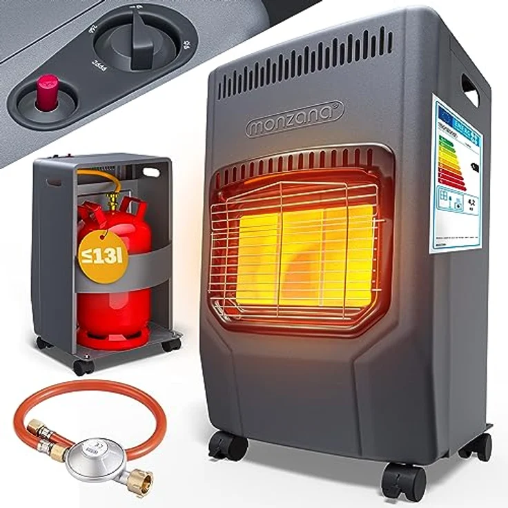 MONZANA® Gasheizung GH4500 Innenräume 4200W Gasofen 3 Heizstufen inkl. 50cm Gasschlauch Gasdruckregler Keramikheizplatten Camping Gasheizofen mobil – Bild 1