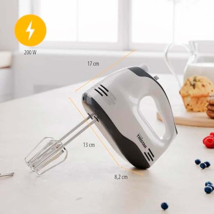Tristar Handmixer MX-4203, 5 Geschwindigkeitsstufen, 200W, Ergonomisch, Edelstahl-Rührbesen und Knethaken, Spülmaschinengeeignete Teile, BPA-frei, Mit Auswurftaste, Kompakt und Praktisch, Edelstahl – Bild 2