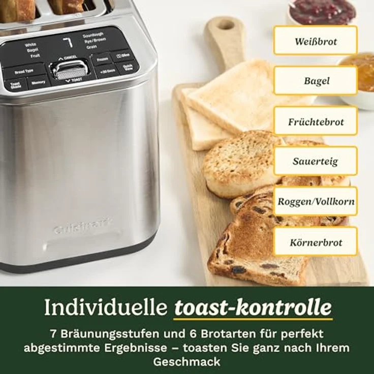 Cuisinart Smart Elite 2-Scheiben-Toaster, Edelstahl in Denim-Optik, Extra-lange Schlitze, 4 Speicherplätze, High-Lift QuickView™, Bagel- und Auftau-Funktion – Bild 4