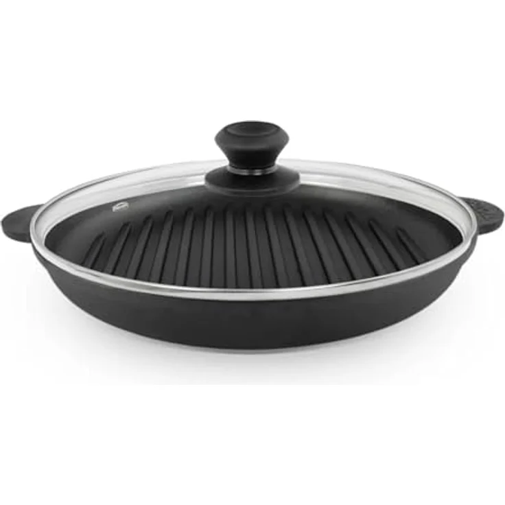 4BIG.fun Ø28cm Grillpfanne aus Gusseisen Bräter mit Pressdeckel Glasdeckel Pfannenwender Schmortopf zwei Griffe Servierpfanne Grill, Schwarz – Bild 2