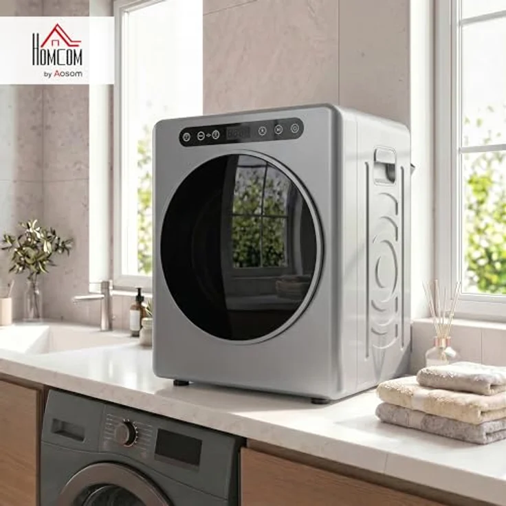 HOMCOM Mini Ablufttrockner 5kg mit Sterilisation, knitterfreier Trockenmodus, kompakte Bauweise, Silber – Bild 2
