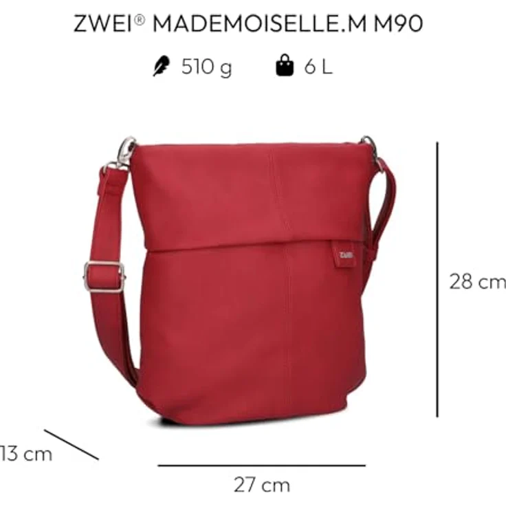 Zwei Mademoiselle.M M90 Umhängetasche, wasserabweisend in Lipstick (rot), 6 l Volumen, mit abnehmbarem Schulterriemen und Zipperverschluss – Bild 2