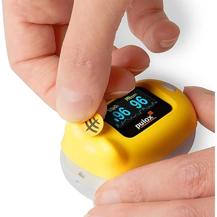 pulox PO-230 in Gelb, Pulsoximeter für Kinder, mit Klebemuster, Messung von Sauerstoffsättigung und Herzfrequenz – Bild 5
