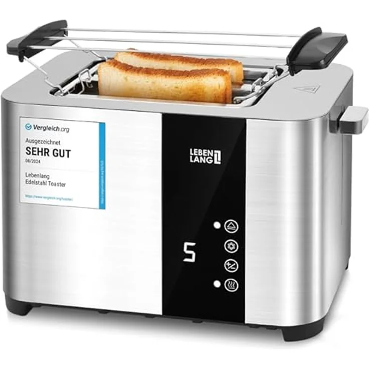 LEBENLANG Edelstahl Toaster 2 Scheiben mit Brötchenaufsatz, Touchscreen LED Display & 7 Bräunungsstufen, 850W, Silber Grau, für Küche, Haushalt & Camping – Bild 1