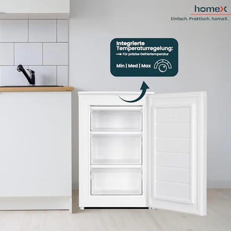 homeX FS871E-W Gefrierschrank, 4-Sterne Tiefkühlschrank mit 87L Nutzinhalt, kompakt, freistehend, leise, weiß – Bild 6