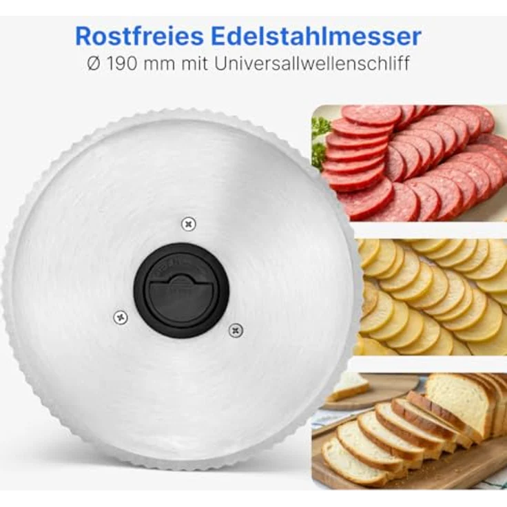 Bomann MA 451 CB, Vollmetall-Allesschneider, Großes rostfreies Edelstahlmesser (Ø 190 mm), 150 Watt, Universalwellenschliff, Alu-Druckguss Motorgehäuse, Stufenlos einstellbare Schnittstärke (0-15mm) – Bild 4