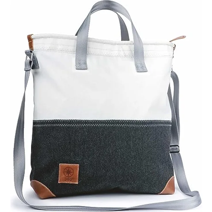 360Grad Ahoi Umhängetasche, Segeltuchtasche aus recyceltem Material, grau-weiß, 18 Liter Volumen, 38 x 35 x 14 cm, leichtes Design