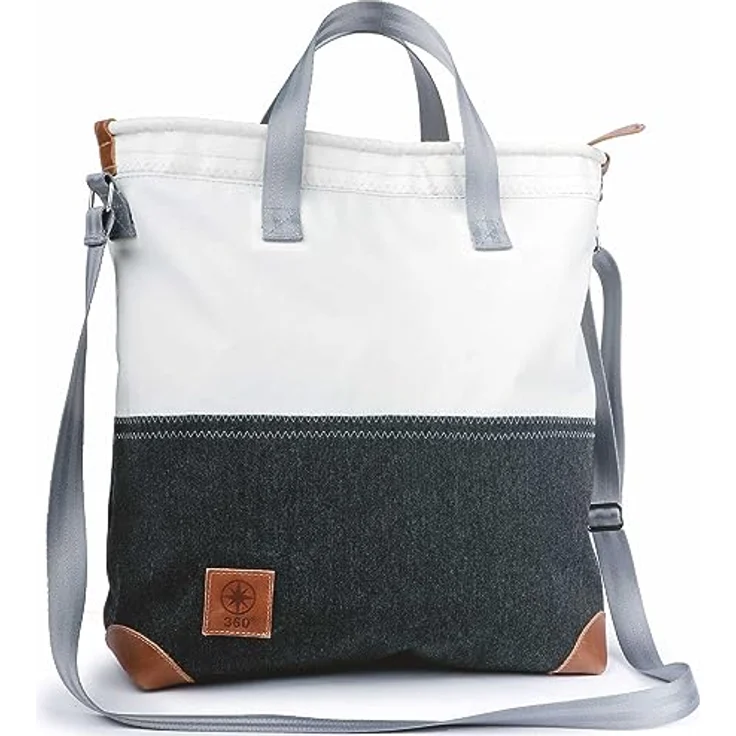 360Grad Ahoi Umhängetasche, Segeltuchtasche aus recyceltem Material, grau-weiß, 18 Liter Volumen, 38 x 35 x 14 cm, leichtes Design – Bild 1