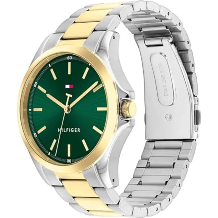 Tommy Hilfiger Quarzuhr BRUCE 1792192, Herrenuhr mit analoger Anzeige, Edelstahlarmband in Silber-Gold und grünem Zifferblatt – Bild 2