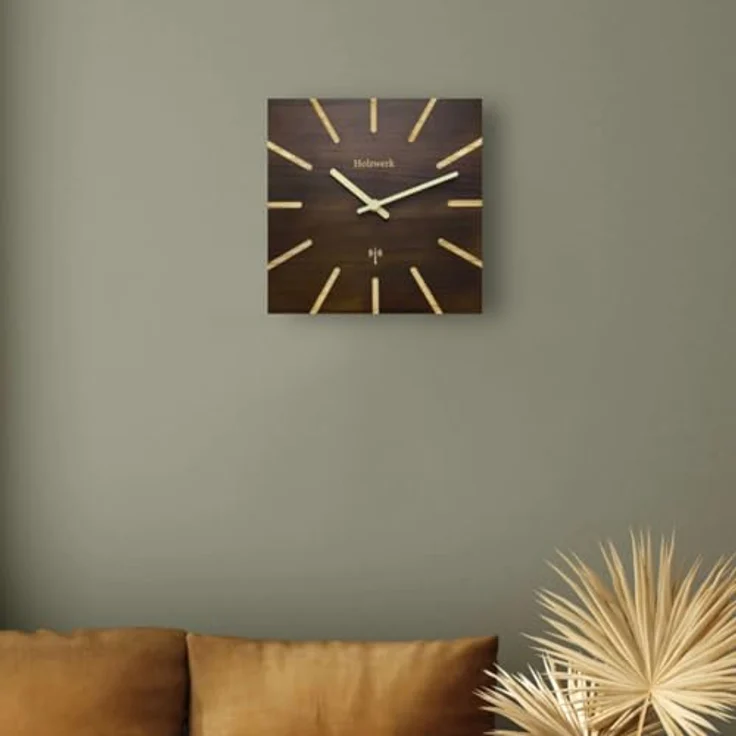 Holzwerk Wanduhr, Funkuhr aus massivem Holz, quadratisch, dunkelbraun, 25x25x2 cm, nahezu lautloses Uhrwerk – Bild 3