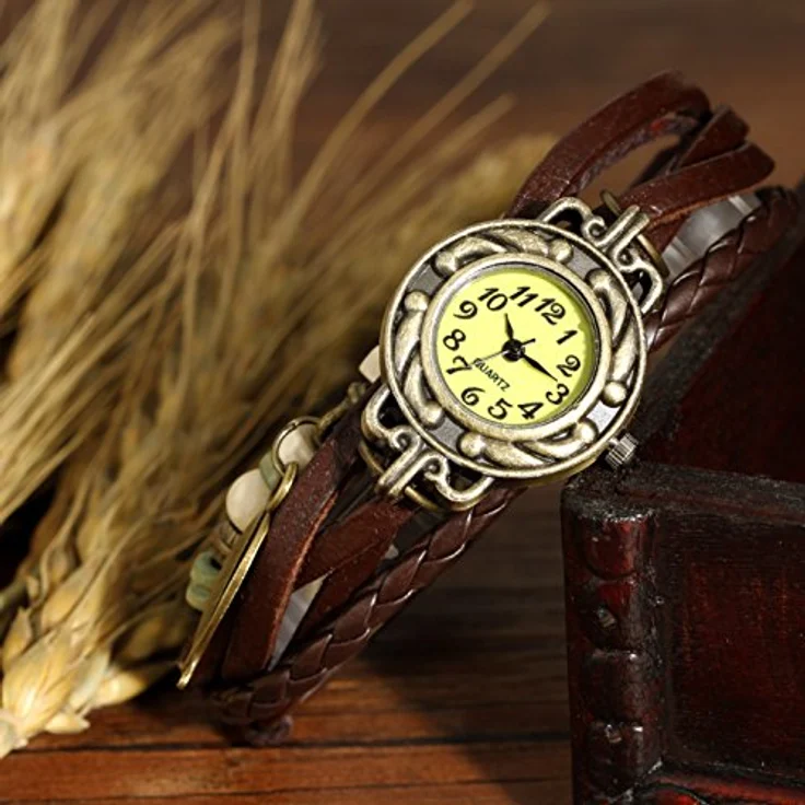 JewelryWe Damen Armbanduhr, Retro geflochtenes Lederarmband mit Quarzwerk und Baum Blatt Anhänger, Braun Bronze – Bild 3
