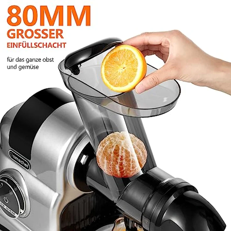AMZCHEF Entsafter mit 80MM Großer Einfüllschacht - 150W Entsafter Slow Juicer mit 2 Geschwindigkeitsmodi und Rücklauffunktion - Entsafter für Ganze Gemüse und Obst Testsieger - Silber – Bild 2