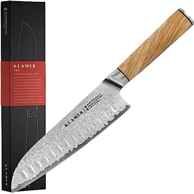 KLAMER Premium Santoku Damastmesser echter japanischer Stahl 18 cm Kochmesser