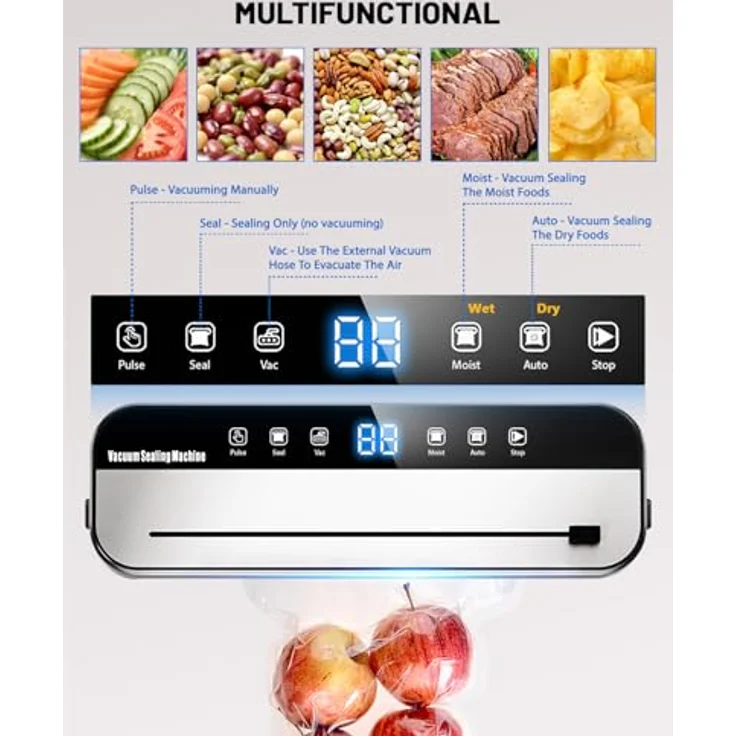 FANNOU Vakuumierer 5-in-1, Multifunktionales Gerät für Lebensmittel mit externer Vakuumierfunktion für Gläser und 50 Vakuumierbeuteln, starke Saugkraft von 65 kPa – Bild 3
