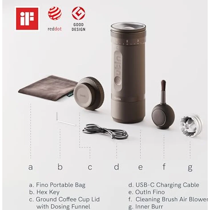 OutIn Fino Grinder, tragbare Kaffeemühle mit 28 Mahlstufen, 38-mm-Kegelmahlwerk aus gehärtetem Edelstahl, Akku, in Sandsteinweiß und Tundrabraun – Bild 2