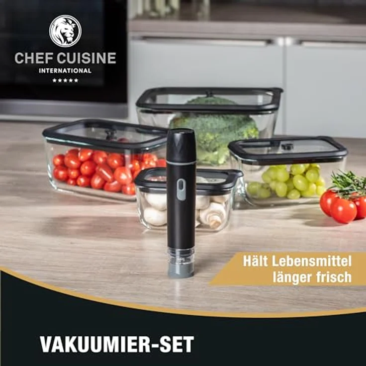 Chef Cuisine International Vakuum Starter-Set Basic, 8-tlg., Glas mit Deckel und Pumpe, länger frisch haltend, wiederaufladbar, nachhaltige Aufbewahrung, vielseitig, spülmaschinengeeignet – Bild 2