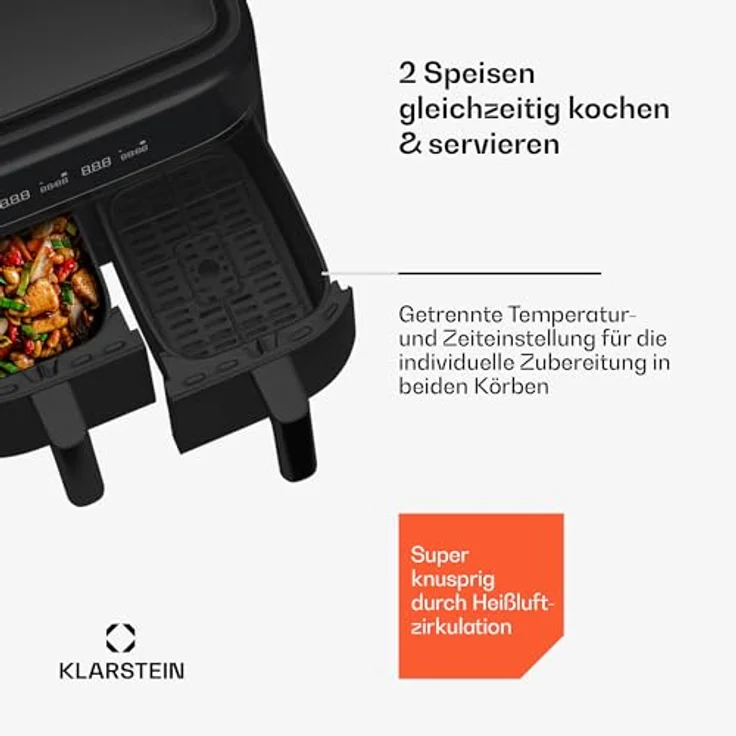 Klarstein Heißluftfritteuse VitaFry Duo, Doppel Heißluftfritteuse 7,6 L 2850W – Bild 4