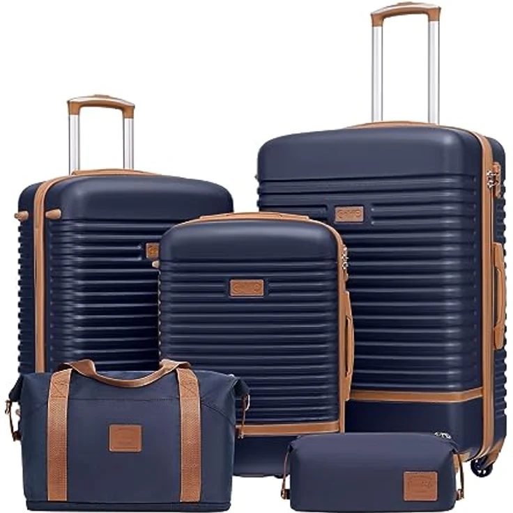 COOLIFE Koffer Set 5-TLG, ABS Hartschale leicht, 360° Räder, TSA-Schlösser, Blau/Braun – inkl. Handgepäck, Mittlerer und Großer Koffer sowie Reisetasche für Familienurlaub und Reisen in Europa – Bild 1