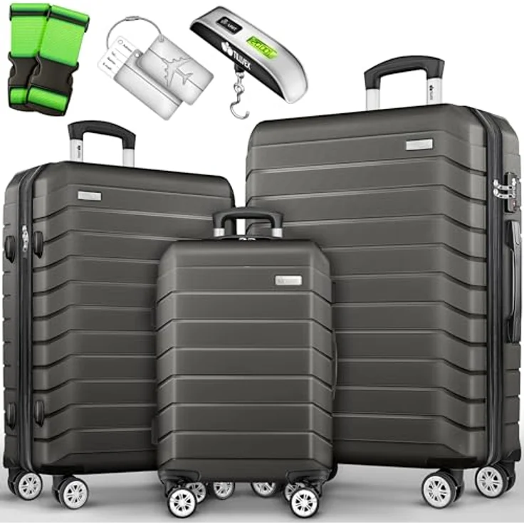 tillvex® Reisekoffer Set 3-TLG. Hartschalenkoffer mit 4 Rollen, TSA Schloss, Gepäckwaage, 6 Koffergurte & 3 Kofferanhänger, Farben Grau/Anthrazit, Größen S-M-L-XL – Bild 1