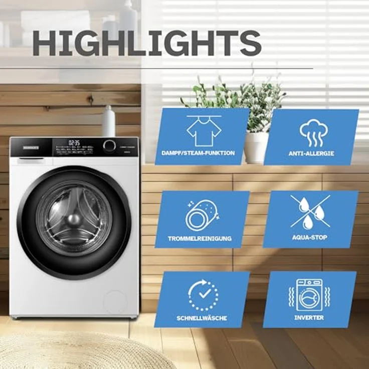 HEINRICHS Waschmaschine HWM-10K, Steam-Funktion, 10kg Mega Kapazität, 15 Programme, 1400 U/min., Aqua-Stop, LED-Display, Endzeitvorwahl, mit Kindersicherung, Inverter Motor, Weiß – Bild 3