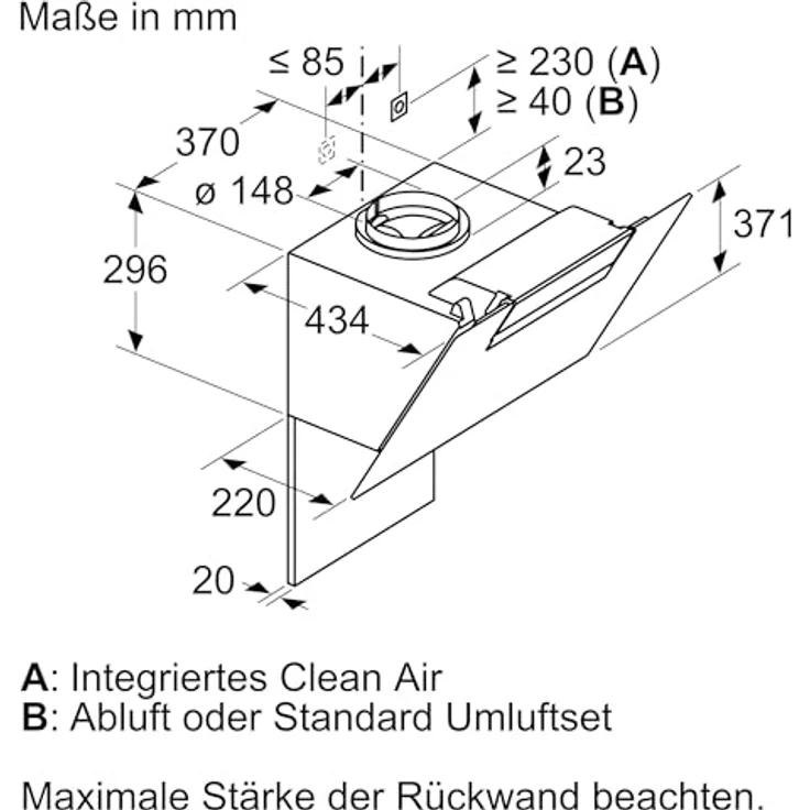Bosch Serie 2 DWK87EM60, Motorhaube, Kamin abgewinkelt, Breite: 79 cm, Tiefe: 43.4 cm, Absaugung und Rückführung (mit zusätzlichem Rückführungsset), mit internem Motor, Schwarz – Bild 7