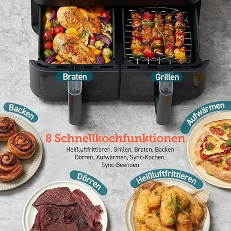 COSORI Dual Basket CAF-R901-AEU Heißluftfritteuse mit Doppelkammer, 8.5L Max Airfryer, 50+ Online Recepte, 8 in 1 Funktionen, Sichtfenster, Energiesparend, Schwarz – Bild 4
