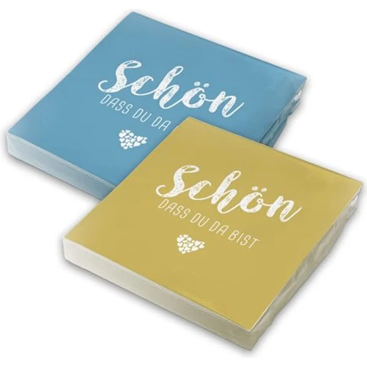 itenga Servietten Schön dass du da bist, 30 x 30 cm, 3-lagig, 40 Stück, MixPack (20x Nordic Blue, 20x CurryGelb) für Kommunion, Konfirmation, Hochzeit und Taufe – Bild 1