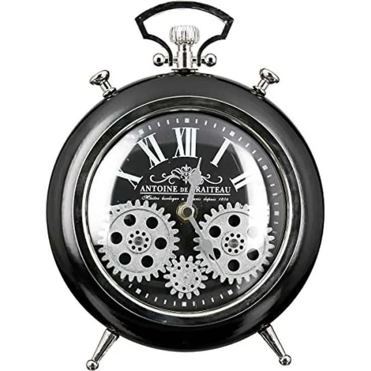 Casablanca Transmission Uhr, Wecker aus Metall/Glas, schwarz/ silber mit bewegenden Zahnrädern, Höhe 25 cm