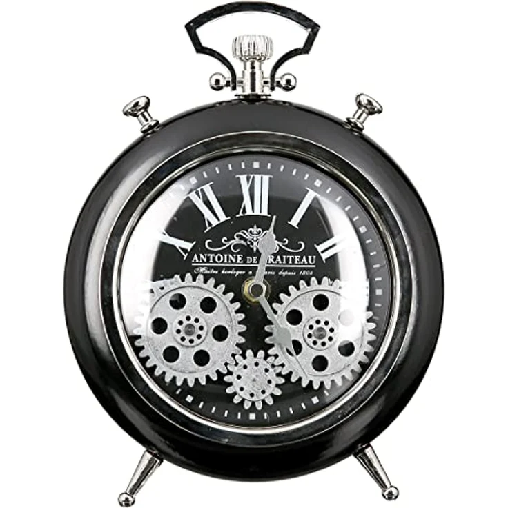 Casablanca Transmission Uhr, Wecker aus Metall/Glas, schwarz/ silber mit bewegenden Zahnrädern, Höhe 25 cm – Bild 1