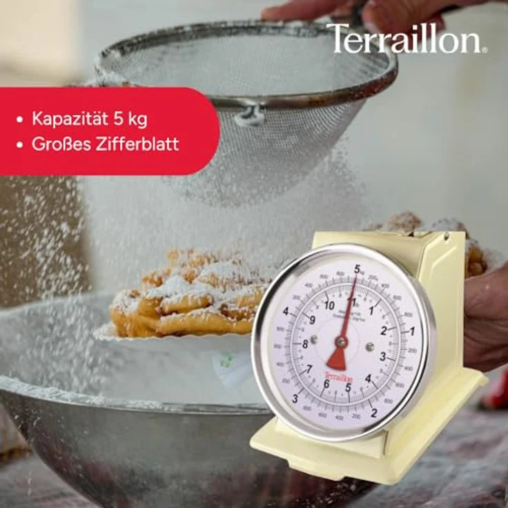 Terraillon Küchenwaage, Mit manueller Tara-Funktion, Großes Ziffernblatt, Bis 5 kg, Tradition 500, Creme – Bild 4