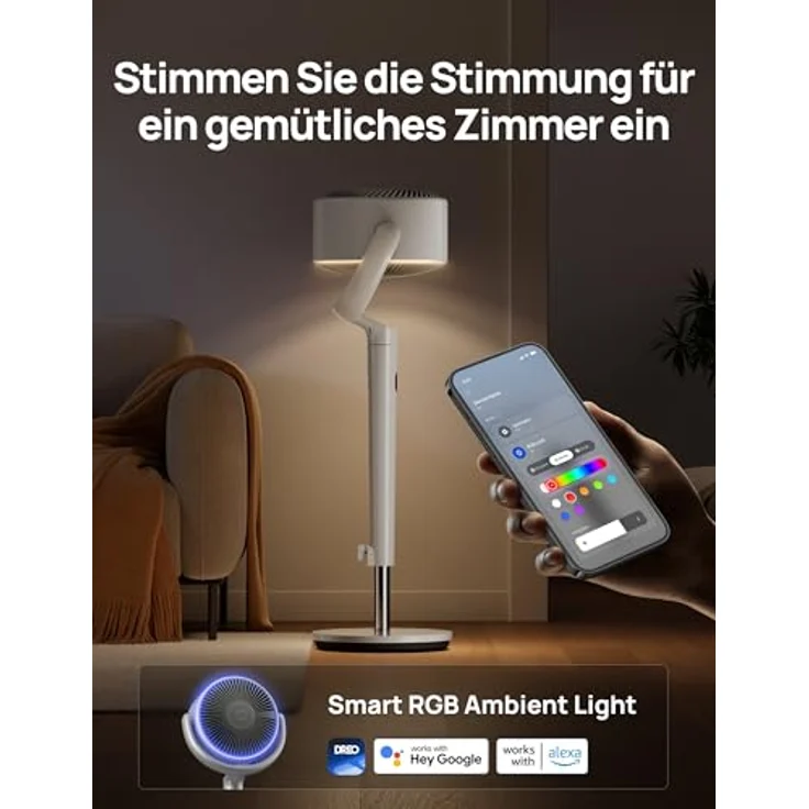 Dreo Smart Standventilator, 120°+120° Oszillierend mit RGB Light, Fernbedienung, 20dB Leiser Bodenventilator, 90ft Reichweite, 8H Timer, Weiß – Bild 3