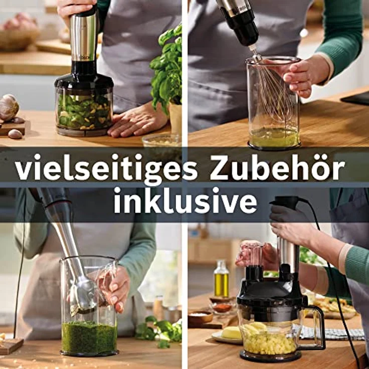 Bosch Stabmixer ErgoMaster Serie 6 MSM6M673, 10 Jahre Motorgarantie, Edelstahl-Klingen, verschleißfreie Keramik-Kupplung, Luftkühlung, Zerkleinerer, Kartoffelstampfer, Schneebesen, 1000 W, Edelstahl – Bild 3