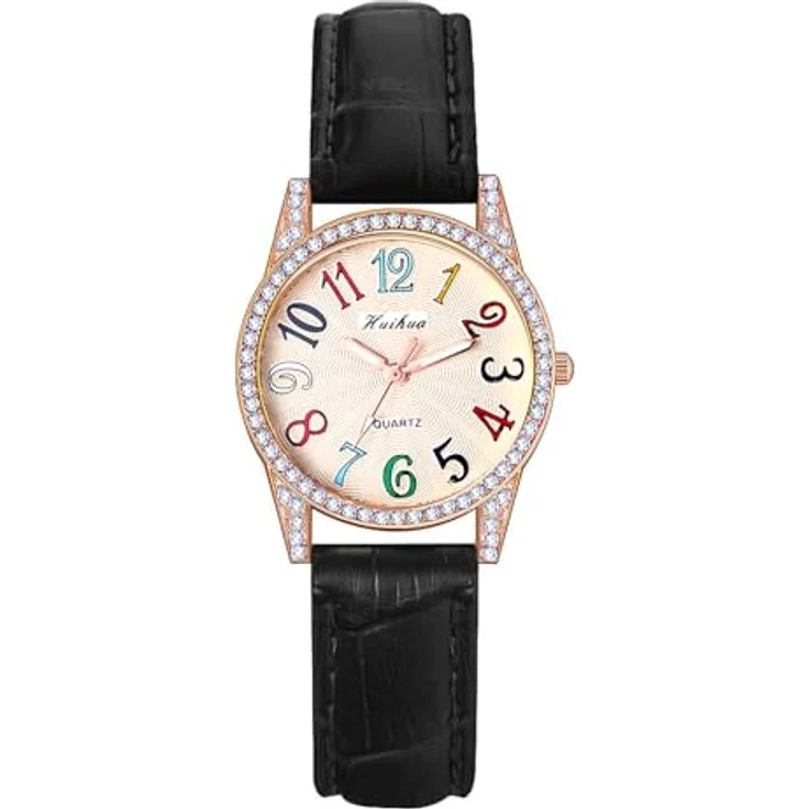 JewelryWe Analog Quarz Armbanduhr Damen, schwarze Lederuhr mit bunten arabischen Ziffern und Glitzer-Diamant-Design, 10m wasserdicht – Bild 1