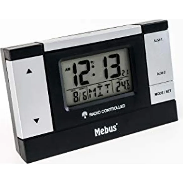 Mebus Wecker 51059, digitaler Funkwecker mit 2-zeiliger LCD-Anzeige, Weckwiederholung und Kalenderfunktion