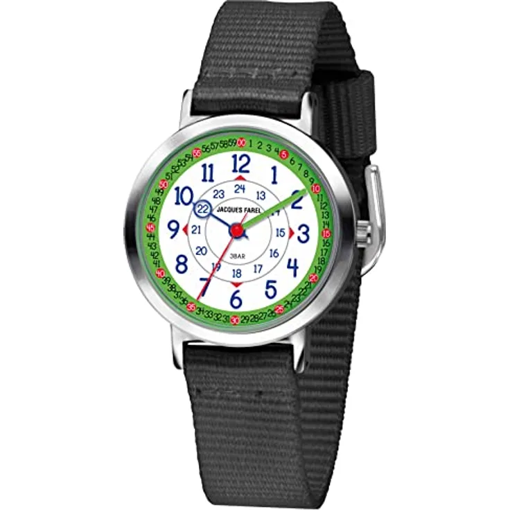 Atrium Jacques FAREL Happy Learning Kinder-Armbanduhr Lernuhr Jungen Analog Quarz Metall Textilband Schwarz KOP 08
