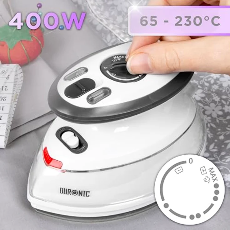 Duronic SI3 WE Mini Reisebügeleisen, 400W Dampfbügeleisen mit 35ml Wassertank, für alle Stoffe, faltbarer Griff, 2 Betriebsspannungen, in Weiß – Bild 3