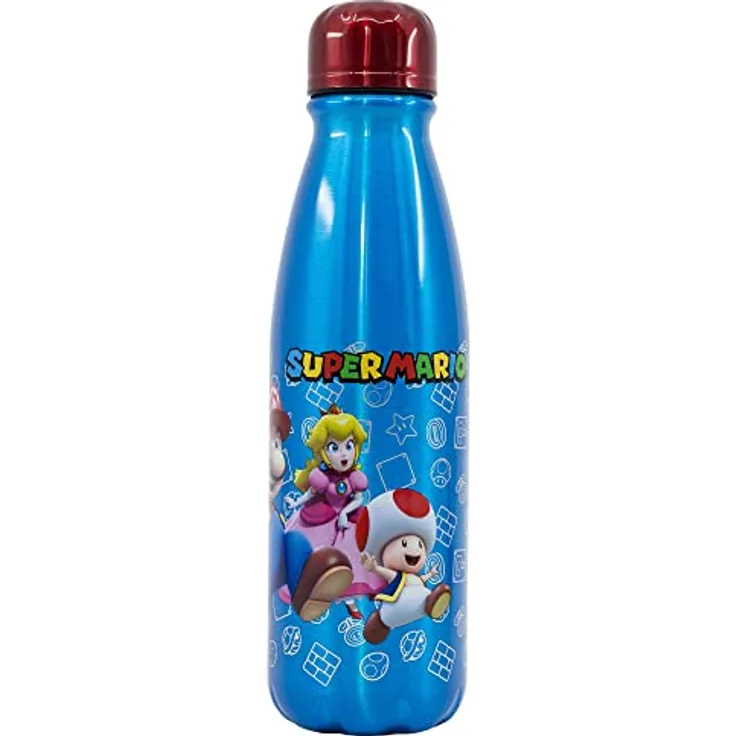 Super Mario Aluminium Trinkflasche 600 ml, auslaufsicheres Design für Kinder