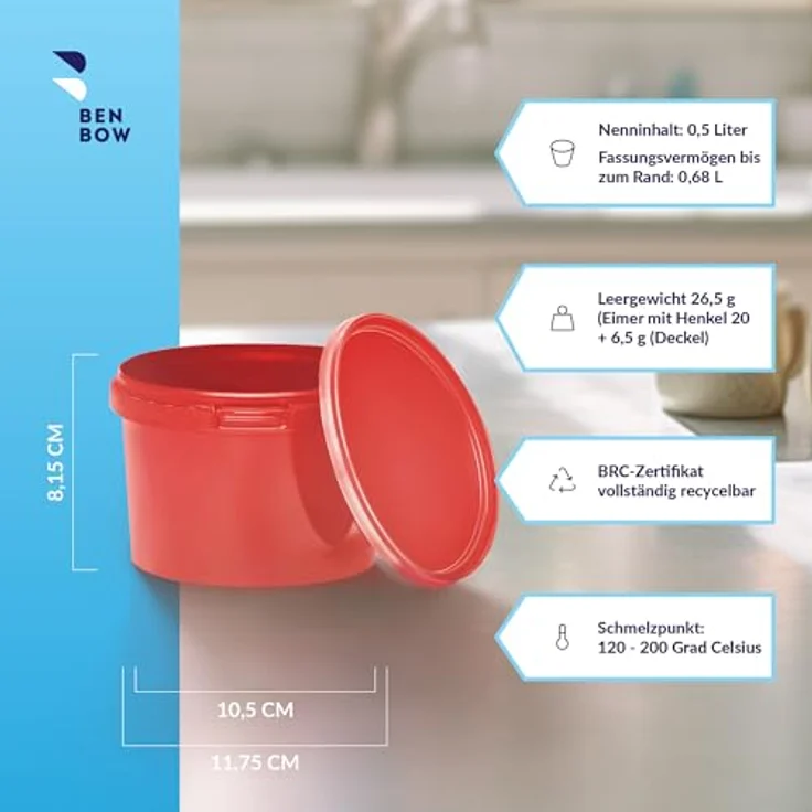 BenBow Eimer mit Deckel 0,5l rot - lebensmittelecht, luftdicht, auslaufsicher – Bild 2