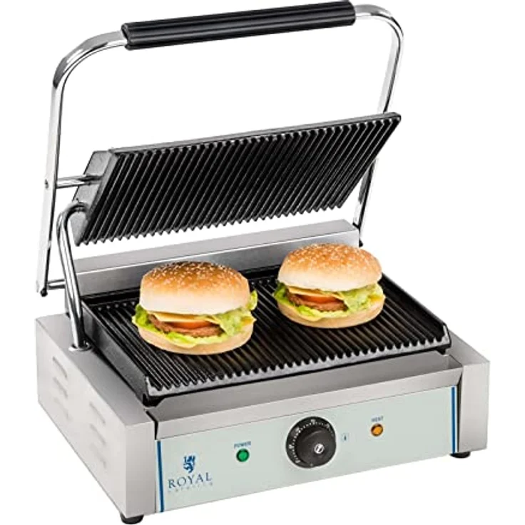Royal Catering Kontaktgrill RCKG-2200-G, Elektrogrill mit 2200 W Leistung, geriffelte Gusseisenplatten, Edelstahl-Gehäuse – Bild 3