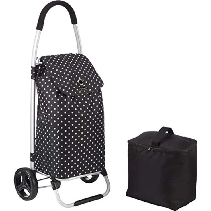 KitchenCraft Faltbarer Einkaufswagen auf Rädern mit abnehmbarer Kühltasche für Tiefkühlkost, robustes Metall und spritzwassergeschütztes Polyester, 45 x 33 x 100 cm, schwarzer Tupfenprint – Bild 1
