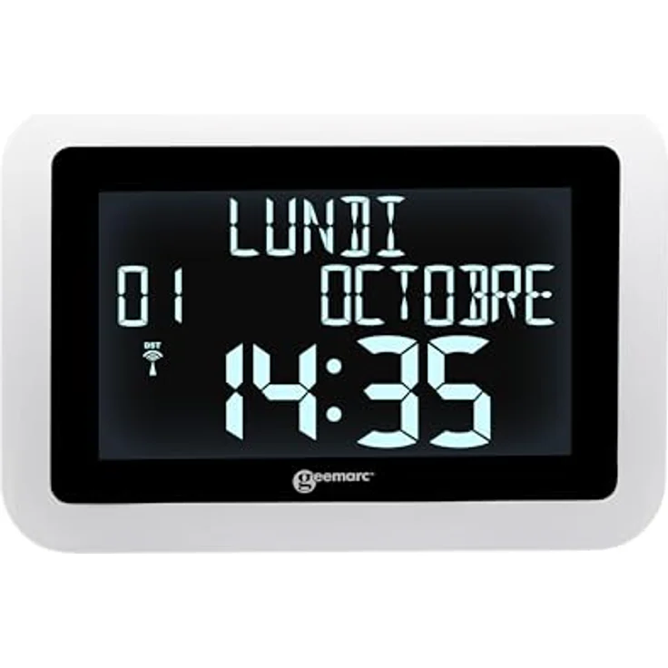 Geemarc VISO15 Funkuhr Weiß, digitale Kalenderuhr mit automatischer Zeiteinstellung und großem Display, 14 Sprachen, dimmbare Hintergrundbeleuchtung – Bild 5