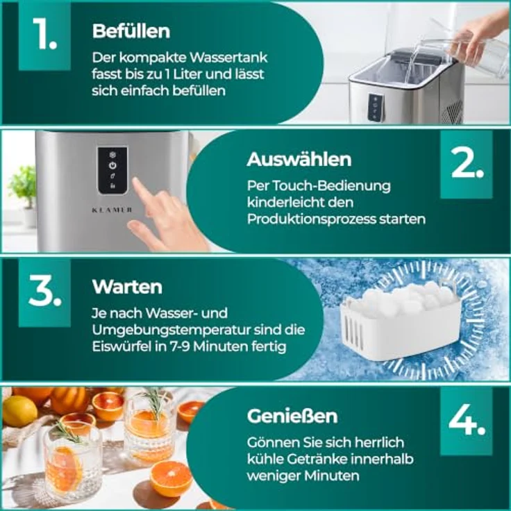 KLAMER Edelstahl Eiswürfelmaschine, 12 kg/24h, 8 Würfel in 8 Min, 1L Wassertank, geräuscharmer Kompressor, Touch Display – Bild 7