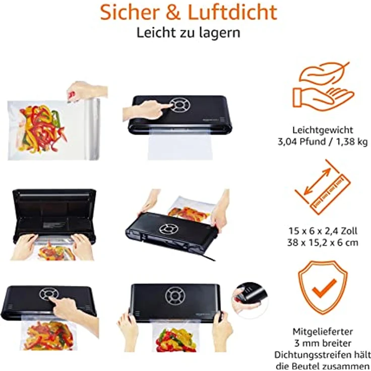 AmazonBasics Vakuumierer, 30 cm Naht + 10 Vakuumierbeutel, Schwarz – Bild 2