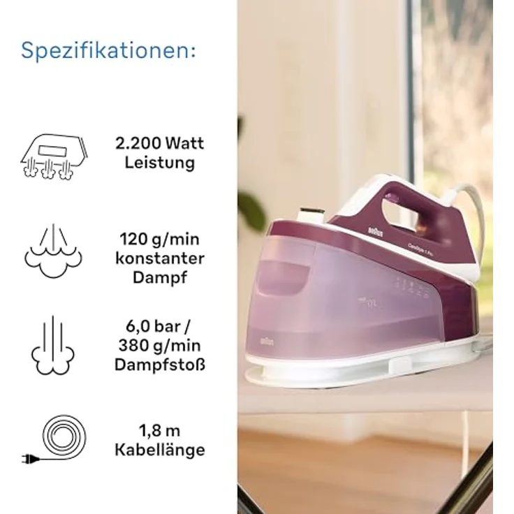 Braun CareStyle 1 Pro IS1514 VI Dampfbügelstation - Dampfbügeleisen mit FreeGlide 3D Technologie, Vertikaldampf, Anti-Tropf-Funktion, 1,7L Wassertank, 6 bar, 120 g/min, 2200W, Violett – Bild 4